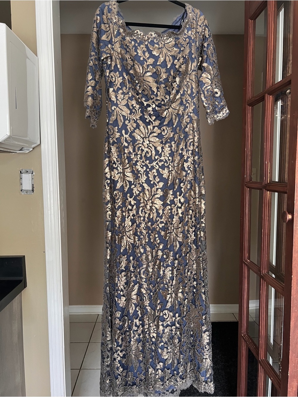Tadashi Shoji Navy and Gold Lace Maxi Gown